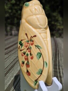 Vintage French Majolica Cicada Wall Pocket 7" Yellow Planter Cherry Motif